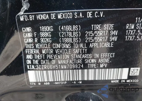 2021 Honda Hr-V Awd Ex from USA, damaged, VIN 3CZRU6H51MM709824